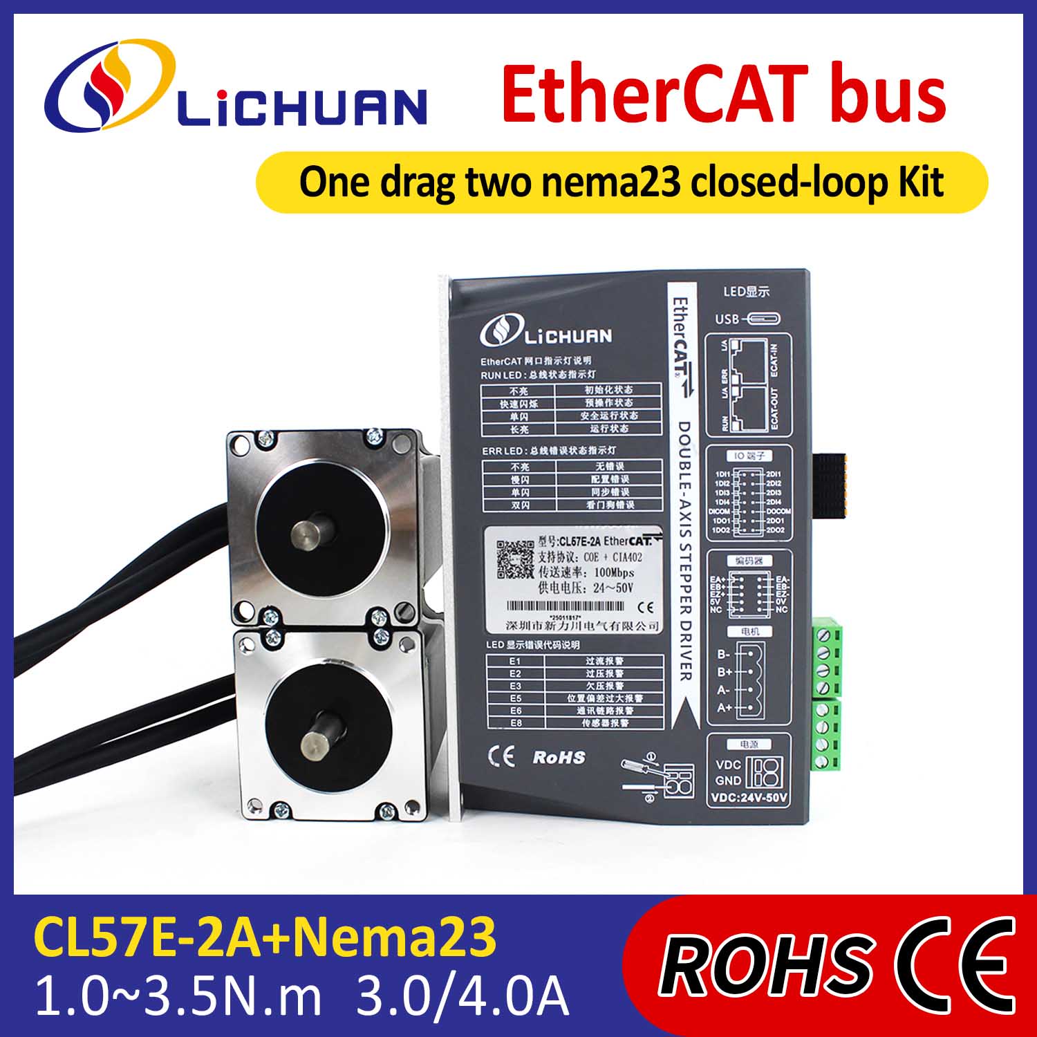 Kit de pilotes de moteur pas à pas en boucle fermée EtherCAT 2 phases Nema23 2 axes CC