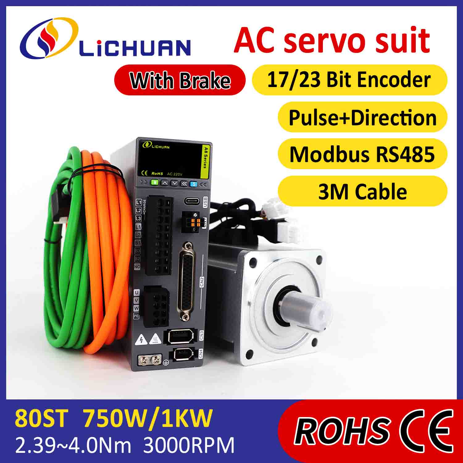 Lichuan Kit de pilotes de servomoteur AC A8 haute précision STO ABZ 1000 W 1 kW 3,2 N. m 220 V 5,8 A 2500/3000 tr/min IP65