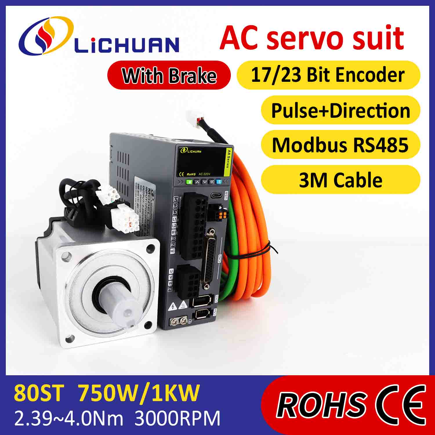 Lichuan Kit de pilotes de servomoteur à courant alternatif A8 haute précision STO ABZ 1001W 1KW 4.0N.m 220V 4.6A 2500/3000 tr/min IP65