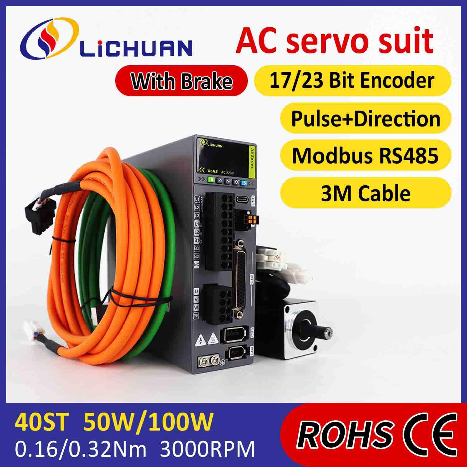 Lichuan Kit de pilotes de servomoteur AC A8 haute précision STO ABZ 100 W 0,32 N.m 220 V 1,1 A 3000 tr/min IP65