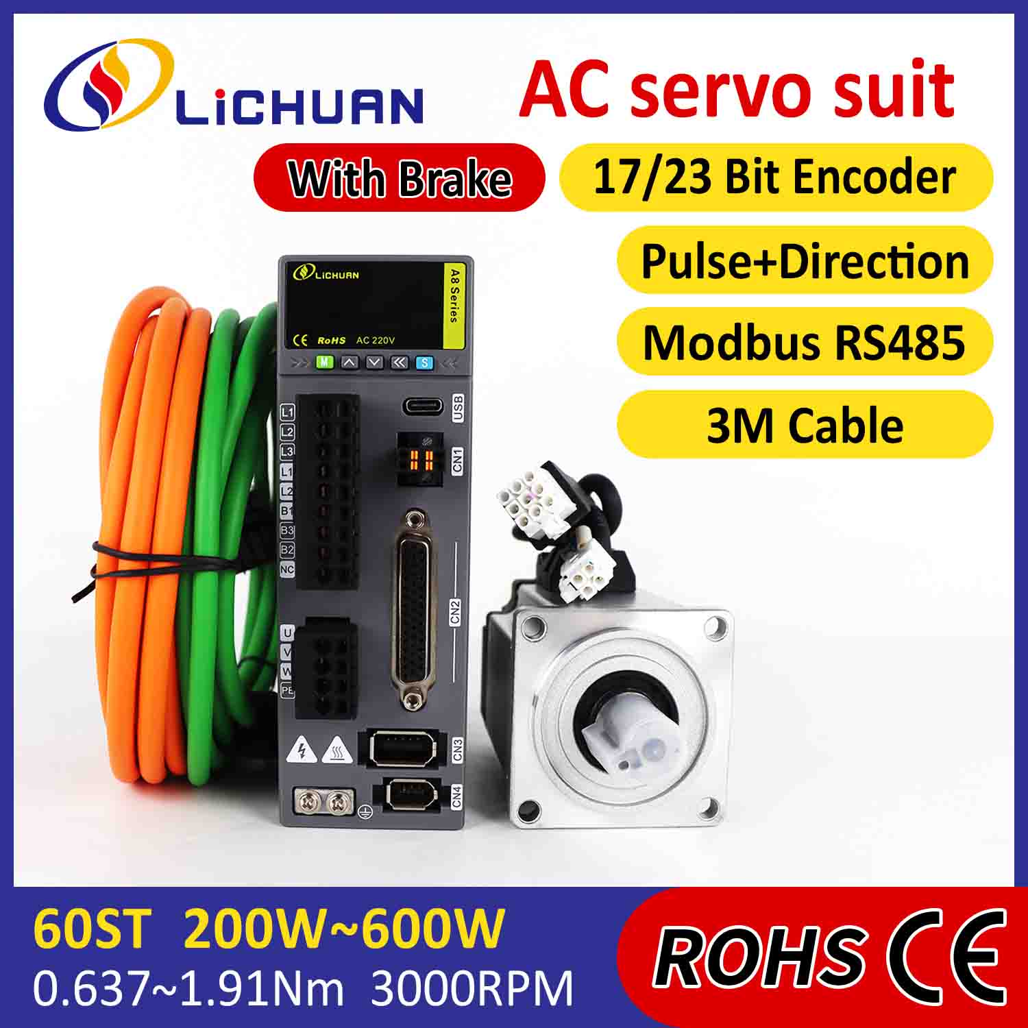 Lichuan Kit de pilotes de servomoteur AC A8 haute précision STO ABZ 200 W 0,637 N.m 220 V 1,6 A 3000 tr/min IP65