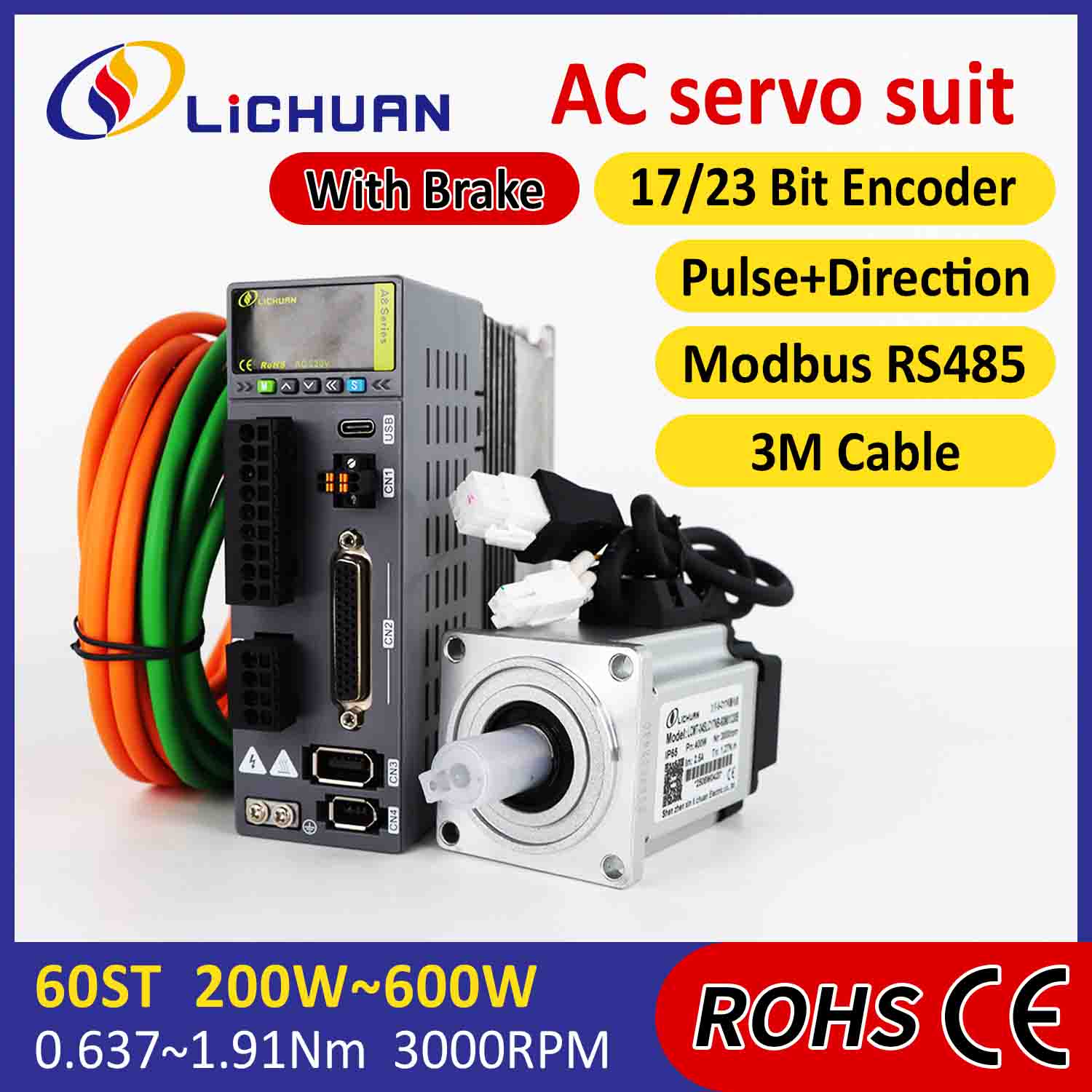 Lichuan Kit de pilotes de servomoteur AC A8 haute précision STO ABZ 400 W 1,27 N.m 220 V 2,5 A 3000 tr/min IP65