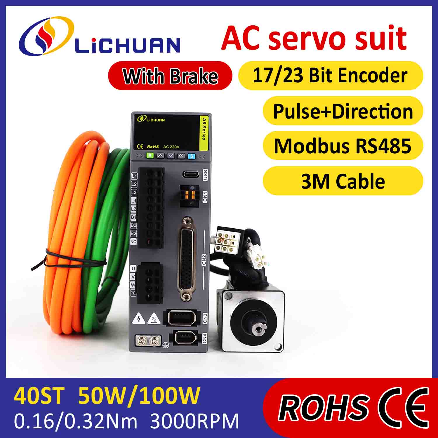 Lichuan Kit de pilotes de servomoteur AC A8 haute précision STO ABZ 50 W 0,16 N.m 220 V 0,8 A 3000 tr/min IP65