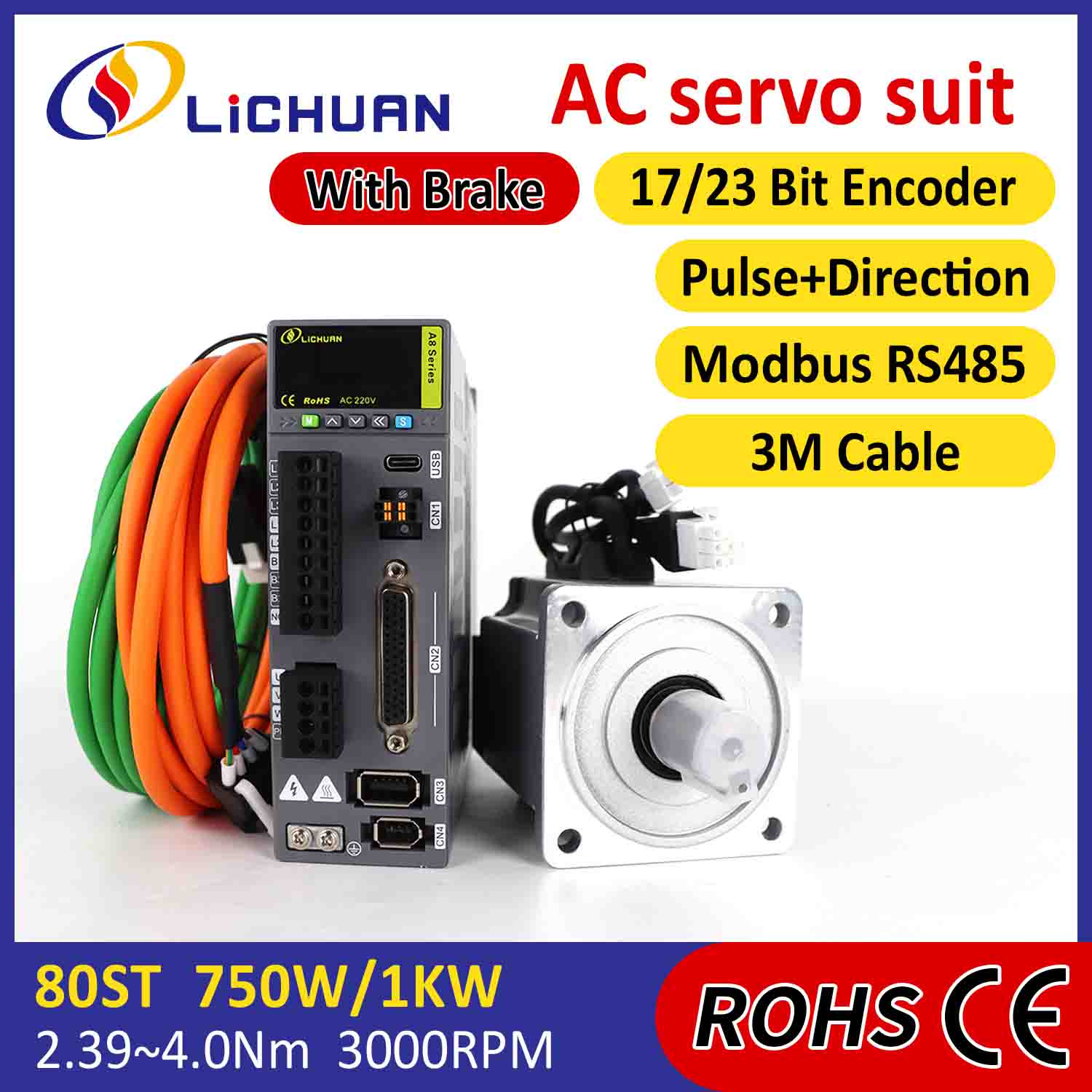 Lichuan – Kit de pilotes de servomoteur AC A8, haute précision STO ABZ 750W 0,75kw 2,39n. m 220V 4,5a 2500/3000RPM IP65