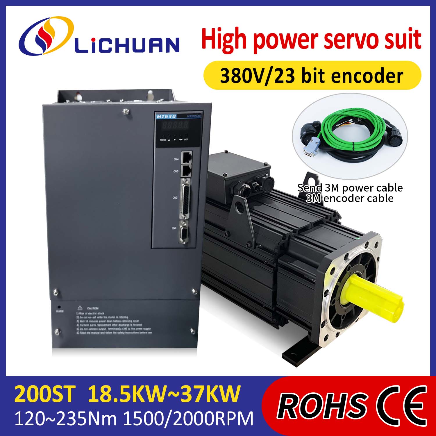 Kit de pilotes de servomoteur à courant alternatif Lichuan haute puissance 88N.m 18,5KW AC380V 31,6A 1500/2000 tr/min IP65