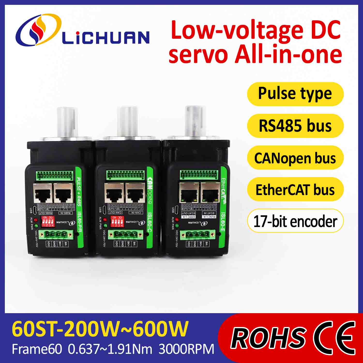 Lichuan – servomoteurs intégrés, pilote en forme de L 200W 0,637N.m DC24/48V 6.0/10/12/15A 3000RPM IP65