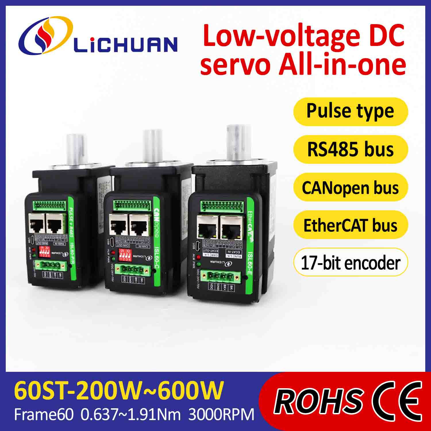 Lichuan – servomoteurs intégrés, pilote en forme de L 400W 1,27n. m DC24/48V 6.0/10/12/15A 3000RPM IP65