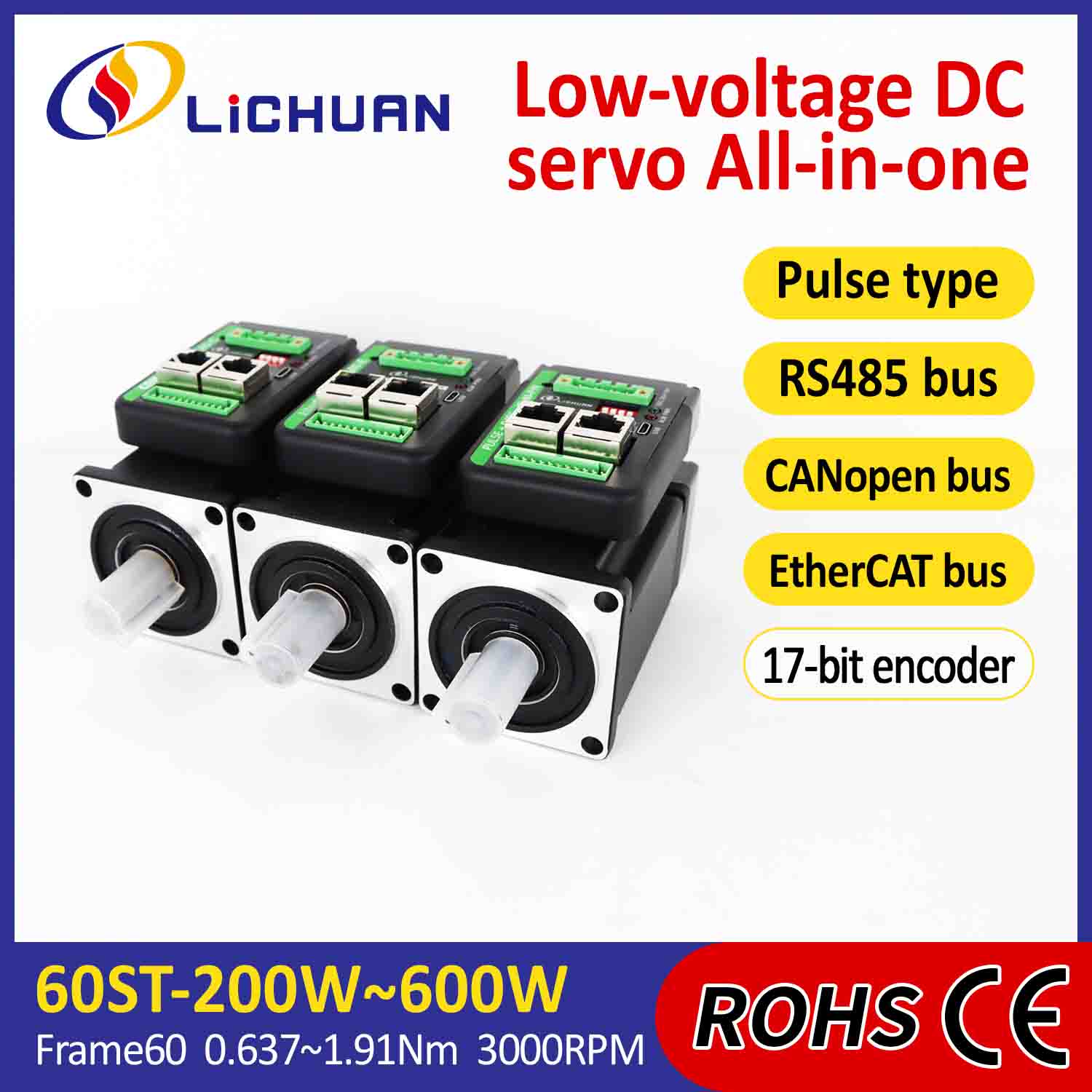 Lichuan – servomoteurs intégrés, pilote en forme de L 600W 1,91n. m DC24/48V 6.0/10/12/15A 3000RPM IP65