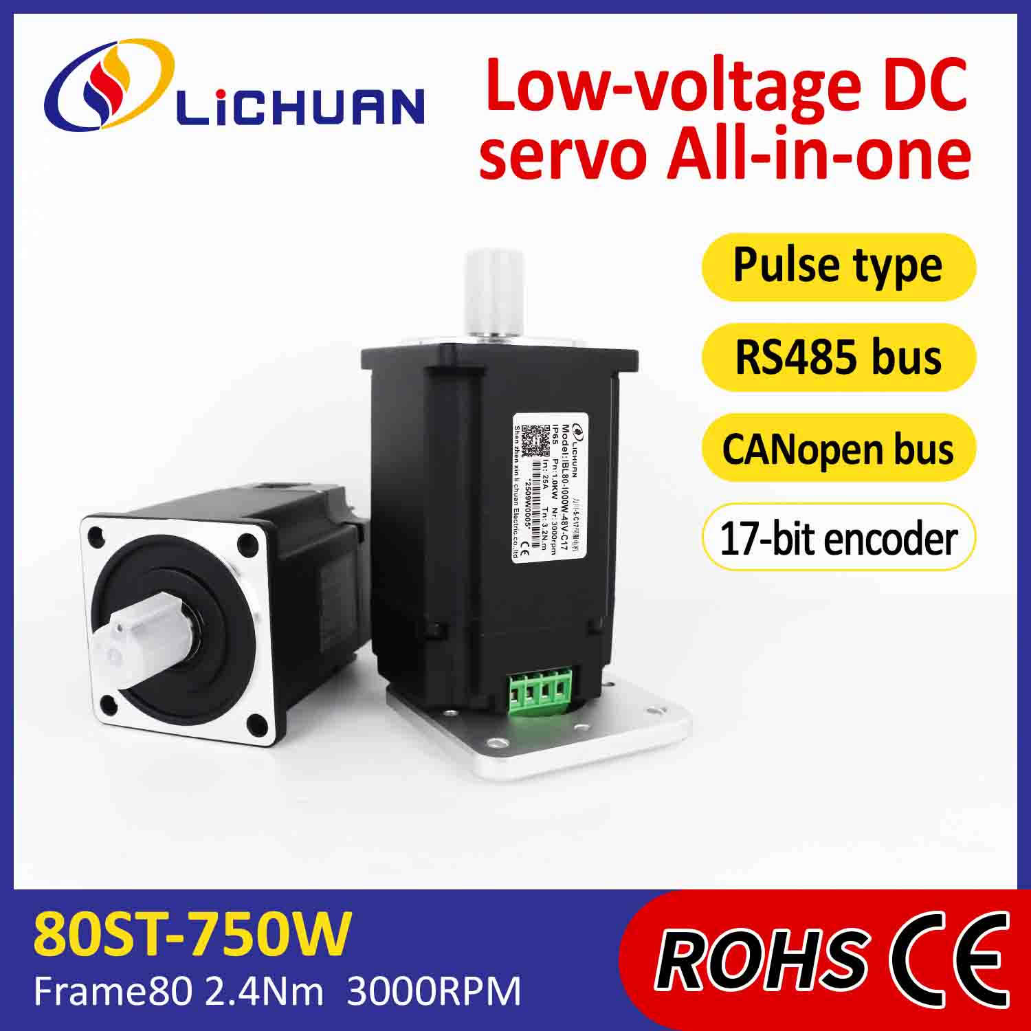 Lichuan – servomoteurs intégrés, pilote d'impulsion/RS485/contrôle CANopen 1000W 3,2n. m DC48V 20/25A 3000RPM IP65