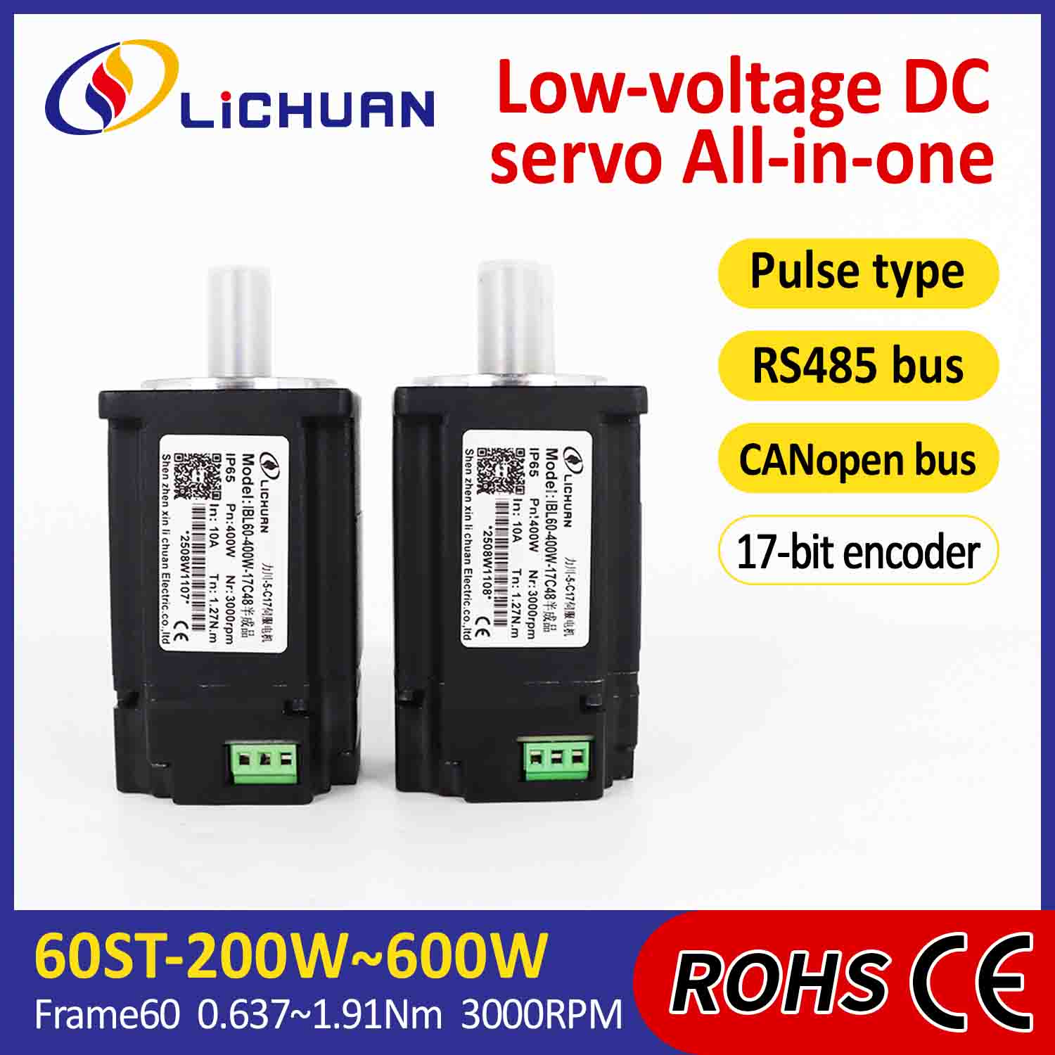 Lichuan – servomoteurs intégrés, pilote d'impulsion/RS485/contrôle CANopen 200W 0,637n. m DC24/48V 6/10/12/15A 3000RPM IP65