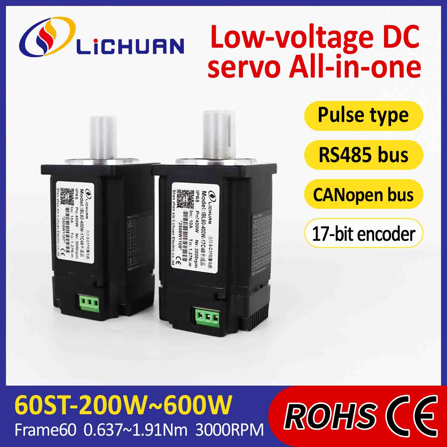 Lichuan – servomoteurs intégrés, pilote d'impulsion/RS485/contrôle CANopen 400W 1,27n. m DC24/48V 6/10/12/15A 3000RPM IP65