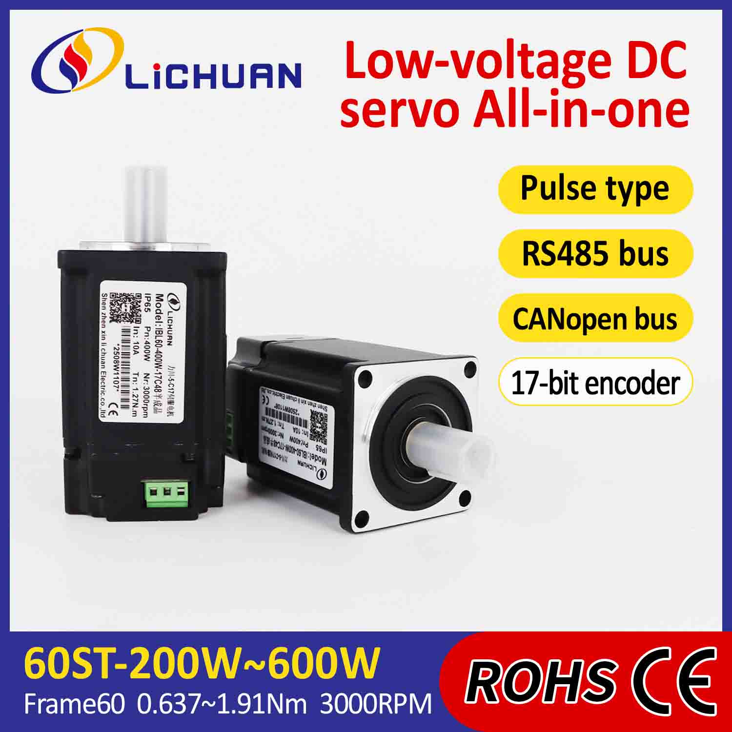 Lichuan – servomoteurs intégrés, pilote d'impulsion/RS485/contrôle CANopen 600W 1,91n. m DC24/48V 6/10/12/15A 3000RPM IP65