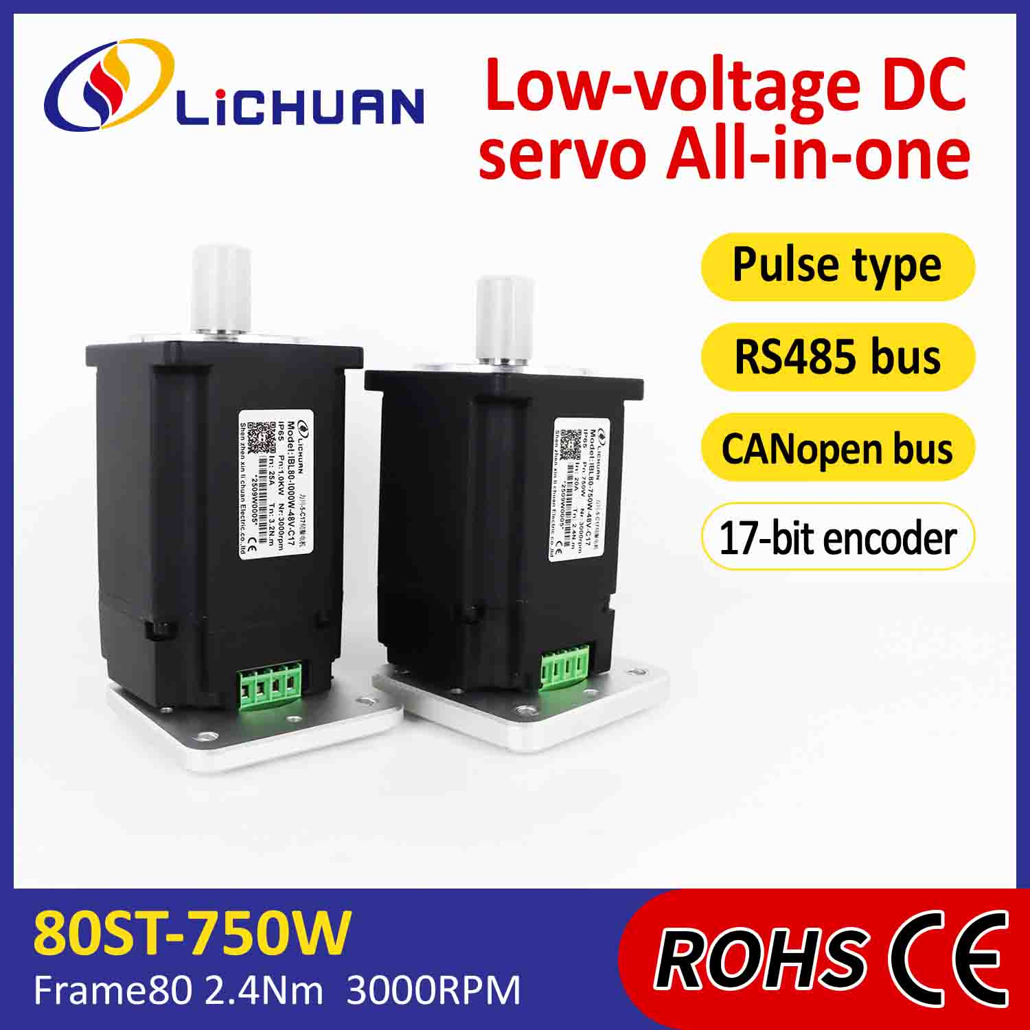 Lichuan – servomoteurs intégrés, pilote d'impulsion/RS485/CANopen, contrôle 750W, 2,4 n. m, DC48V, 20/25A, 3000 tr/min, IP65